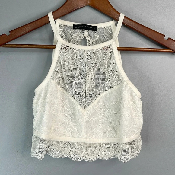 SIGNATURE8 Lace Bralette Crop Top Ivory Keyhole Open Back Stretch Lined Size L - Picture 8 of 8